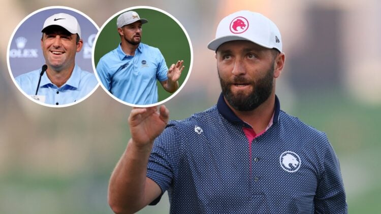 Jon Rahm with insets of Scottie Scheffler and Bryson DeChambeau