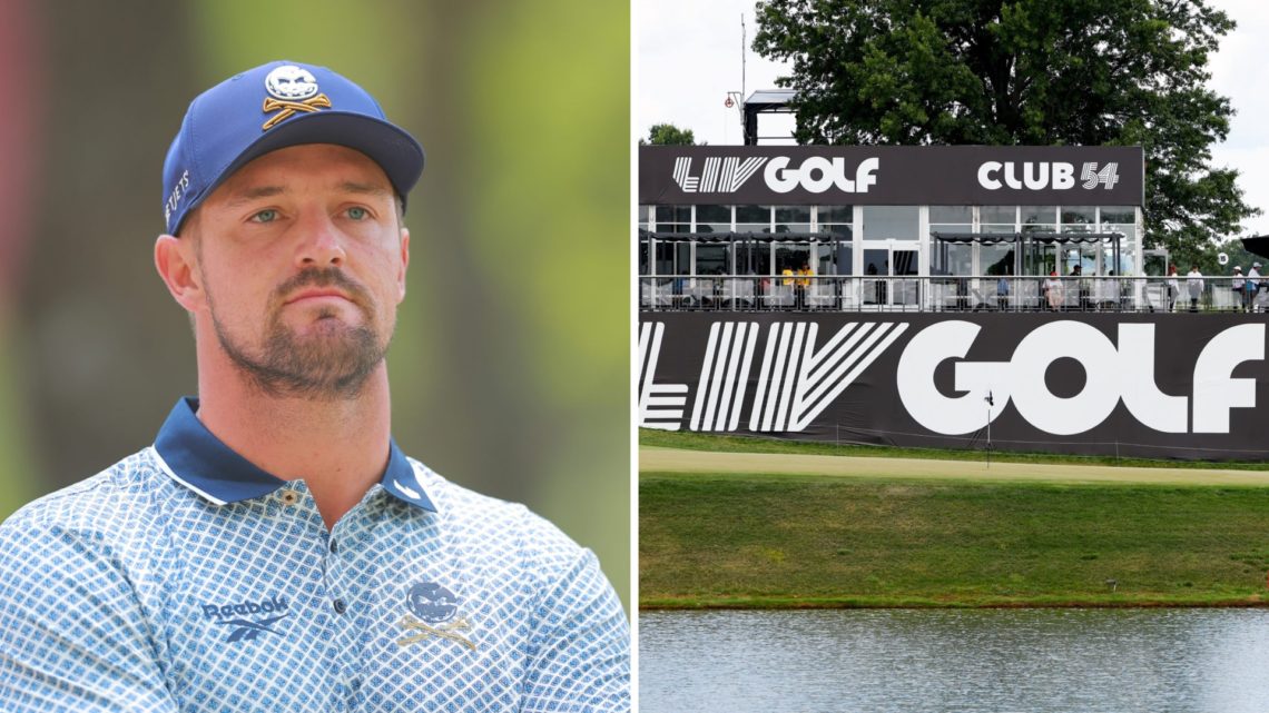 Split image of Bryson DeChambeau during day two of LIV Golf Mexico City at Club de Golf Chapultepec, left, and the LIV Golf logo and Club 54 during...