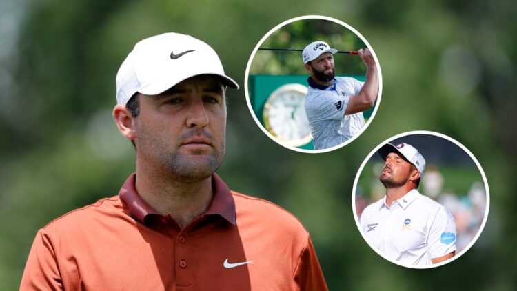 Scottie Scheffler looks on at the PGA Championship 2025, insets of Bryson DeChambeau and Jon Rahm playing at the 2025 PGA Championship