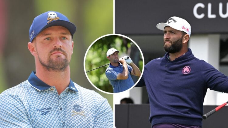Split image of Bryson DeChambeau and Jon Rahm with inset of Scottie Scheffler