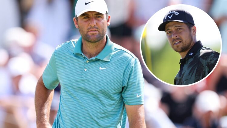 Scottie Scheffler at the PGA Championship with inset of Xander Schauffele