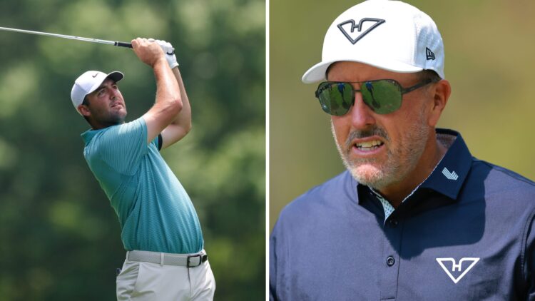 A split image of Scottie Scheffler at the PGA Championship 2025 and Phil Mickelson at LIV Golf Mexico in 2025
