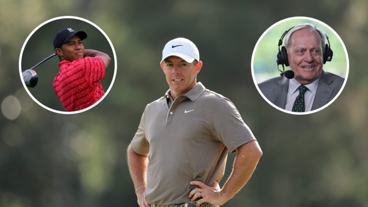 Rory McIlroy at The Masters 2025 with insets of Tiger Woods and Jack Nicklaus