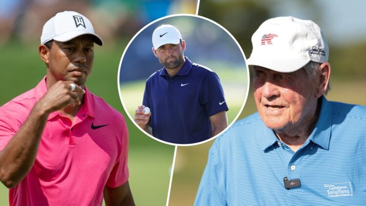 A split image of Tiger Woods and Jack Nicklaus with an inset of Scottie Scheffler at the 2025 PGA Championship