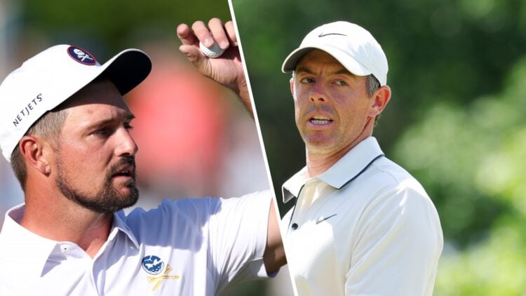 A split image of Bryson DeChambeau and Rory McIlroy in action at the PGA Championship in 2025
