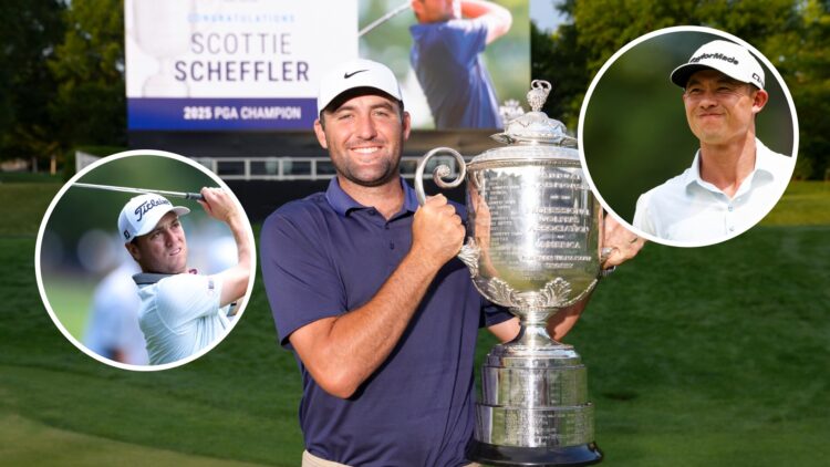 Scottie Scheffler holds the Wanamaker Trophy after winning the PGA Championship, insets of Justin Thomas and Collin Morikawa