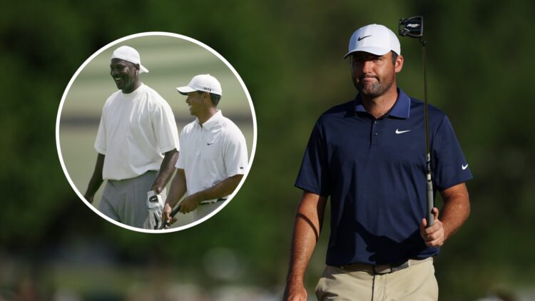 Scottie Scheffler walks to the 18th green at the 2025 PGA Championship, inset Tiger Woods and Michael Jordan compete at the 2007 Wachovia Champions...