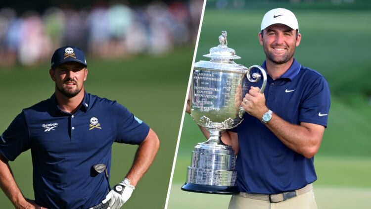 A split image of Bryson DeChambeau at the PGA Championship and Scottie Scheffler holding the Wanamaker Trophy