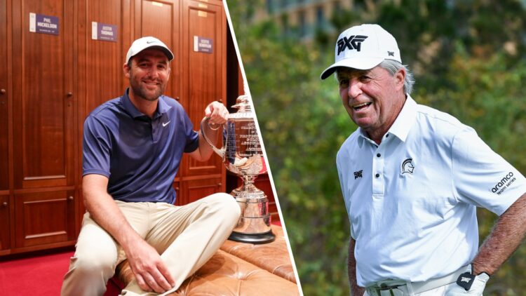 A split image of Scottie Scheffler with the Wanamaker Trophy and Gary Player playing golf in 2024