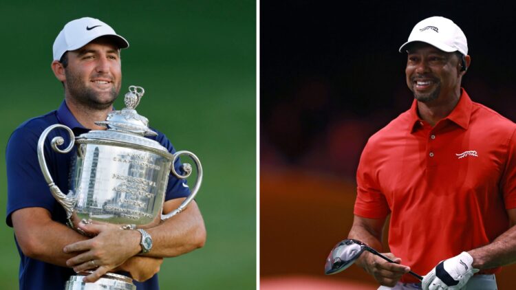 Split image of Scottie Scheffler (L) holding the 2025 PGA Championship trophy, Tiger Woods (R) smiles during the inaugural TGL season in 2025