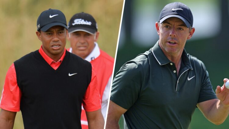 A split image of Tiger Woods at the 2013 Open and Rory McIlroy at the 2025 PGA Championships