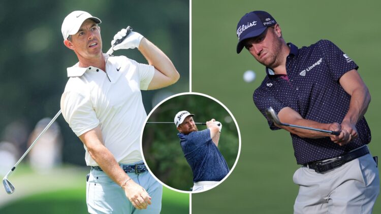 Split image of Rory McIlroy (L) playing at the 2025 PGA Championship and Justin Thomas (R) playing at the 2025 Truist Championship, inset Shane Low...