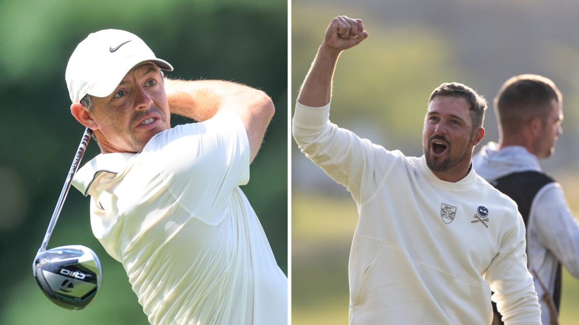 Rory McIlroy in action during the 2025 PGA Championship - Final Round / Bryson DeChambeau celebrates after winning LIV Golf Korea