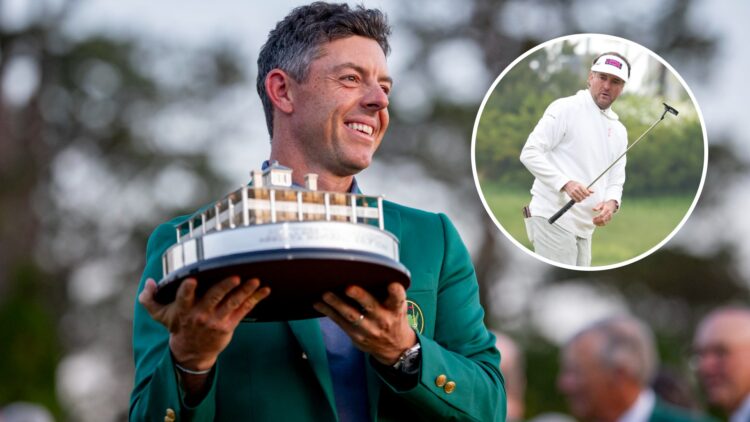 Rory McIlroy holds the trophy after winning The Masters in 2025, inset Bubba Watson reacts after a putt at LIV Golf Korea 2025