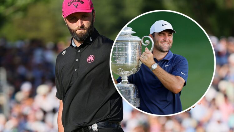Jon Rahm looks on after a missed put at the 2025 PGA Championship, with inset of Scottie Scheffler holding the Wanamaker Trophy
