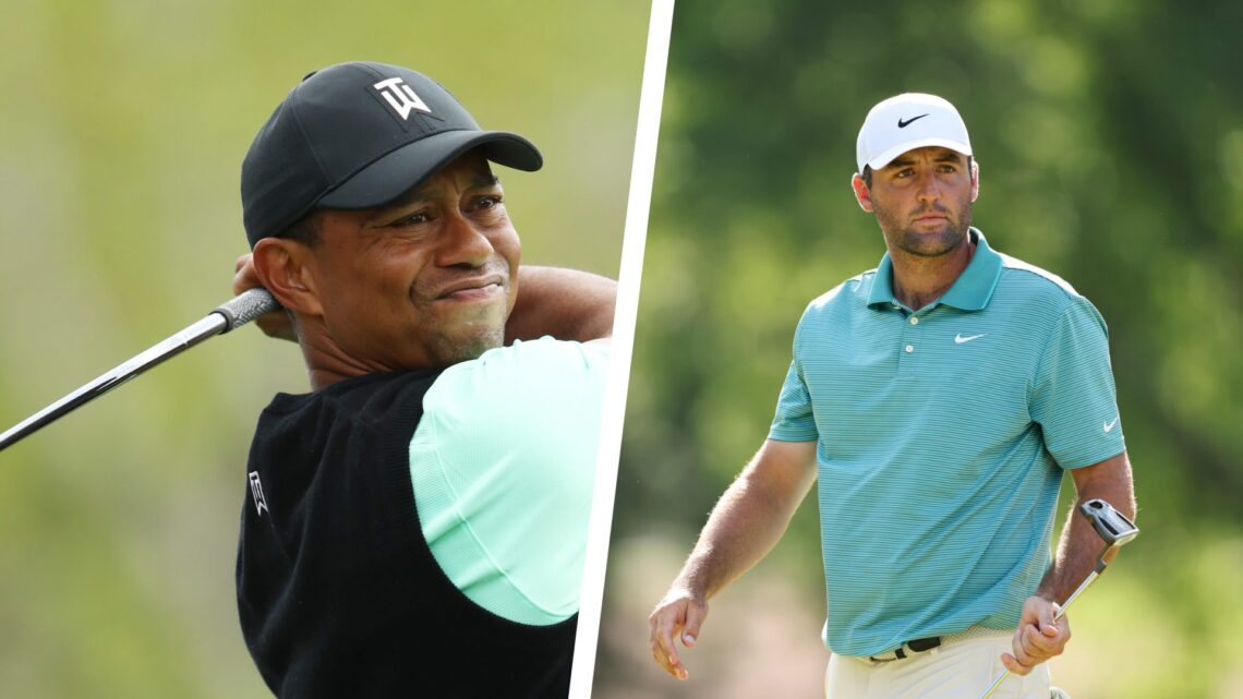 A split image of Tiger Woods playing golf at the World Golf Championships and Scottie Scheffler at the 2025 PGA Championship