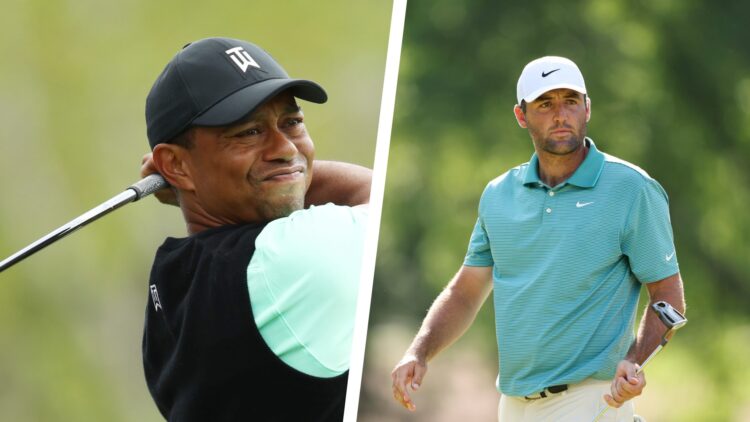 A split image of Tiger Woods playing golf at the World Golf Championships and Scottie Scheffler at the 2025 PGA Championship