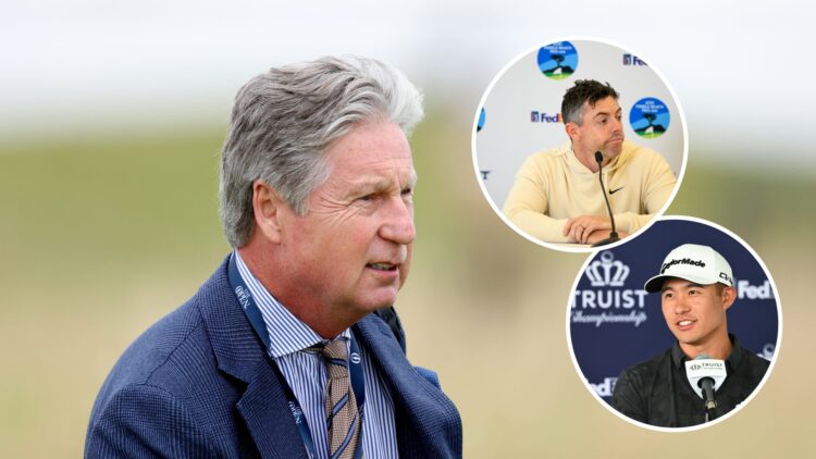 Brandel Chamblee looks on at The Open Championship in 2024, insets Rory McIlroy talks to the press at the 2025 AT&T Pebble Beach Pro-Am and Collin ...