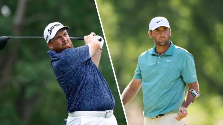 Split image of Shane Lowry (L) playing at the 2025 PGA Championship and Scottie Scheffler (R) playing at the 2025 PGA Championship