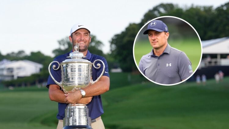 Scottie Scheffler celebrates with the 2025 PGA Championship trophy, inset Jordan Spieth looks on before the 2025 PGA Championship