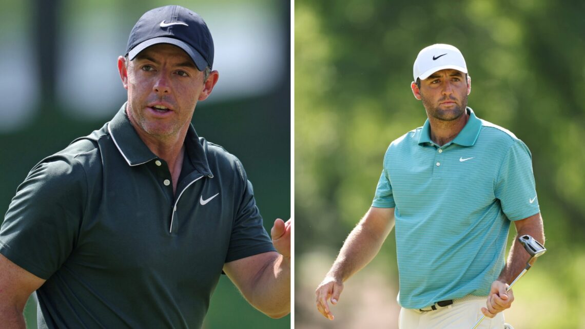 Rory McIlroy in action at the 2025 PGA Championship - Round One / Scottie Scheffler during round three of the 2025 PGA Championship