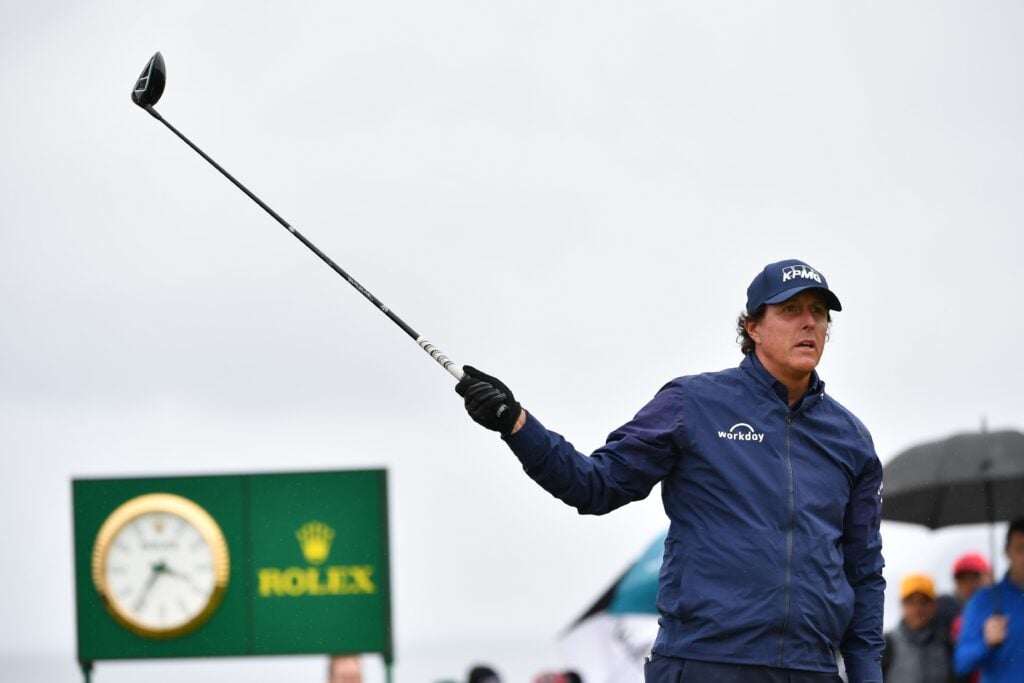 Phil Mickelson reacts to a tee shot during the second round of the 2019 Open Championship