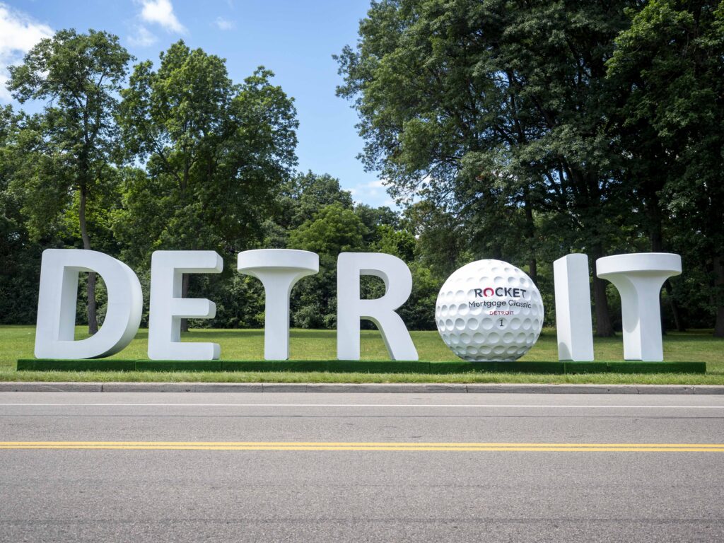 Signage on display ahead of the Rocket Mortgage Classic at Detroit Golf Club in 2024