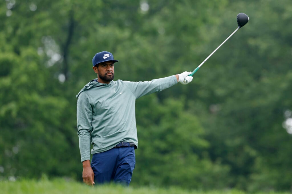 Tony Finau hits a tee shot during the second round at The Memorial Tournament