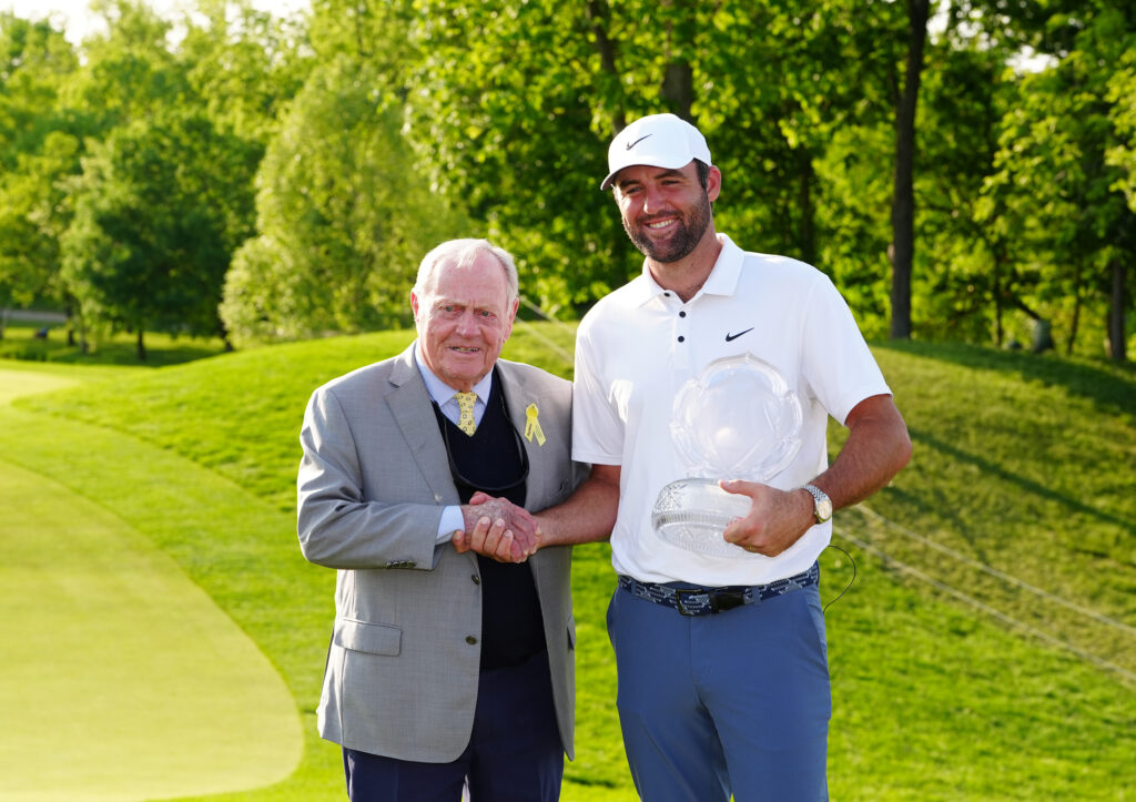 Jack Nicklaus alongside Scottie Scheffler after the Memorial Tournament presented by Workday