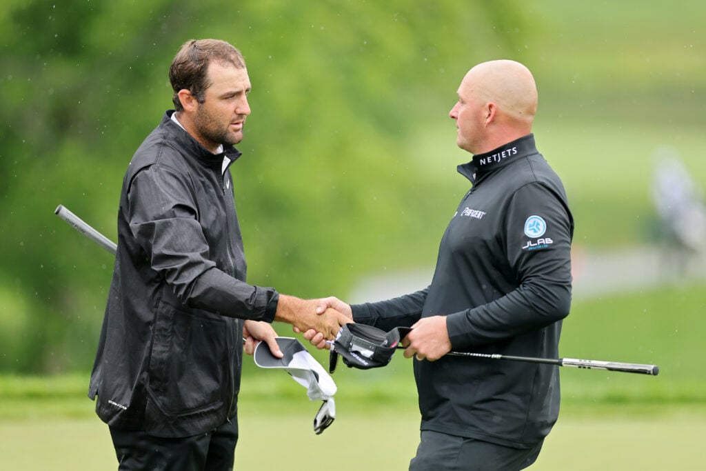 Scottie Scheffler and Sepp Straka shakes hands after the second round at The Memorial