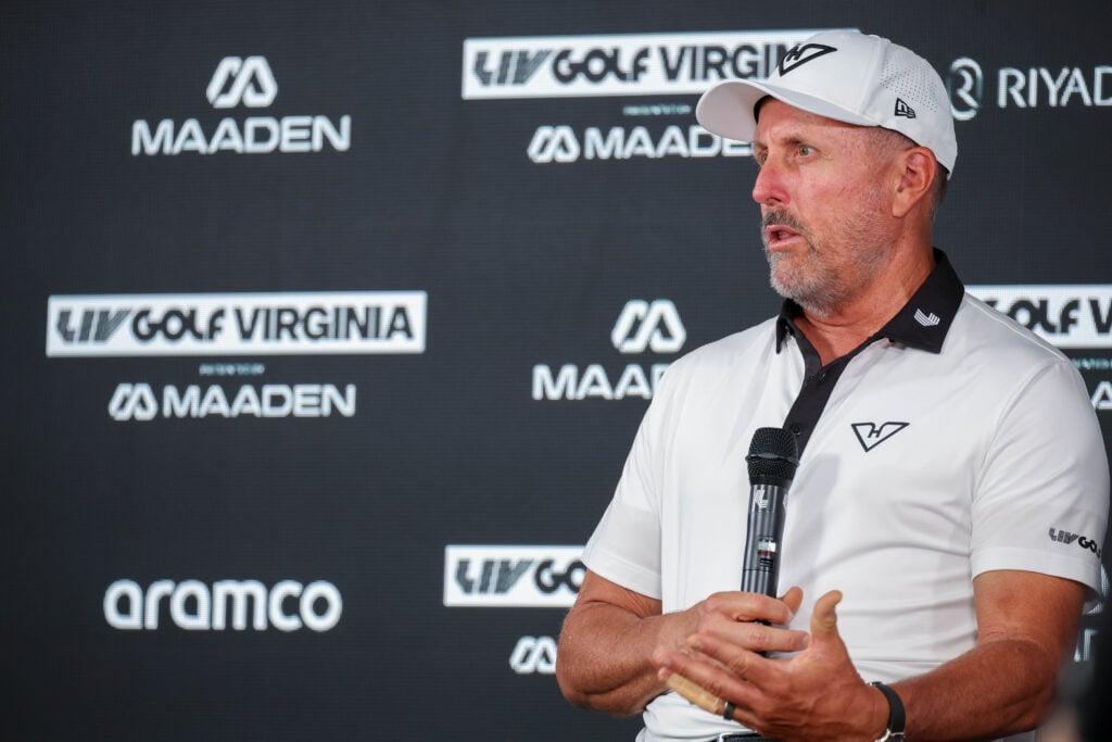 Phil Mickelson addresses the media ahead of LIV Virginia at the Robert Trent Jones Golf Club
