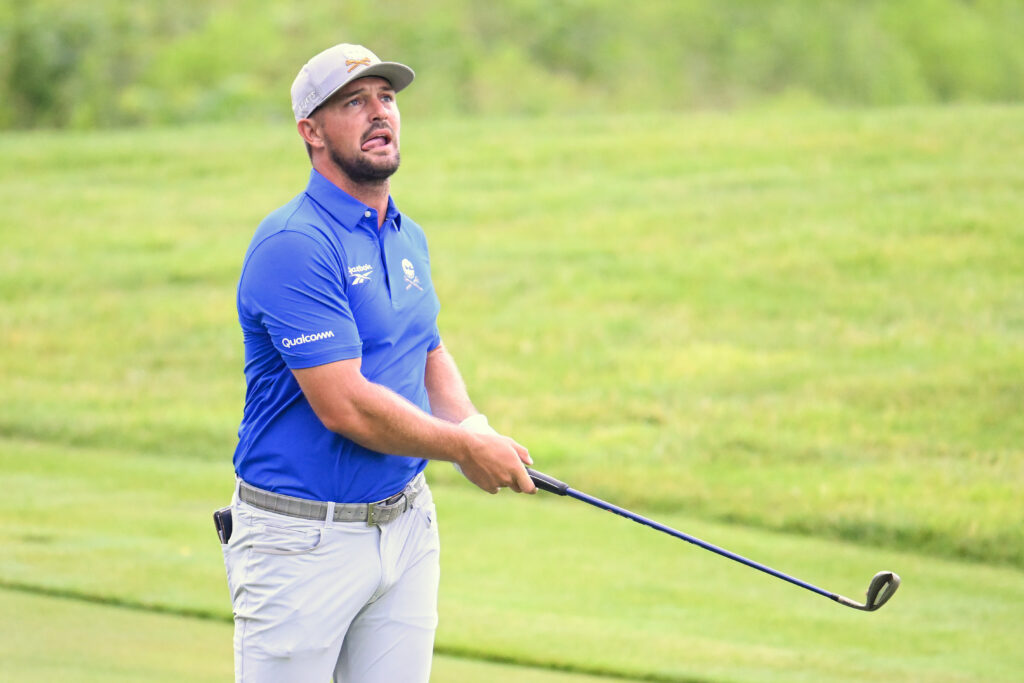 Bryson DeChambeau after hitting an iron shot on the 17th hole at LIV Golf Virginia