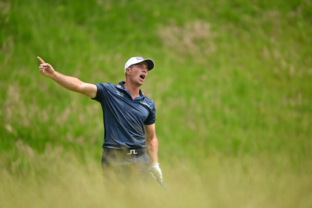 Viktor Hovland shouts after hitting a wayward tee shot during the second round of the US Open