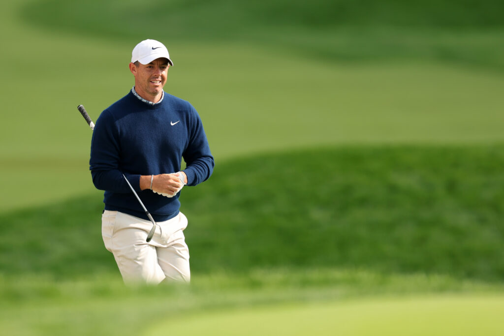 Rory McIlroy walks to the 18th green during a practice round prior to the US Open at Oakmont Country Club