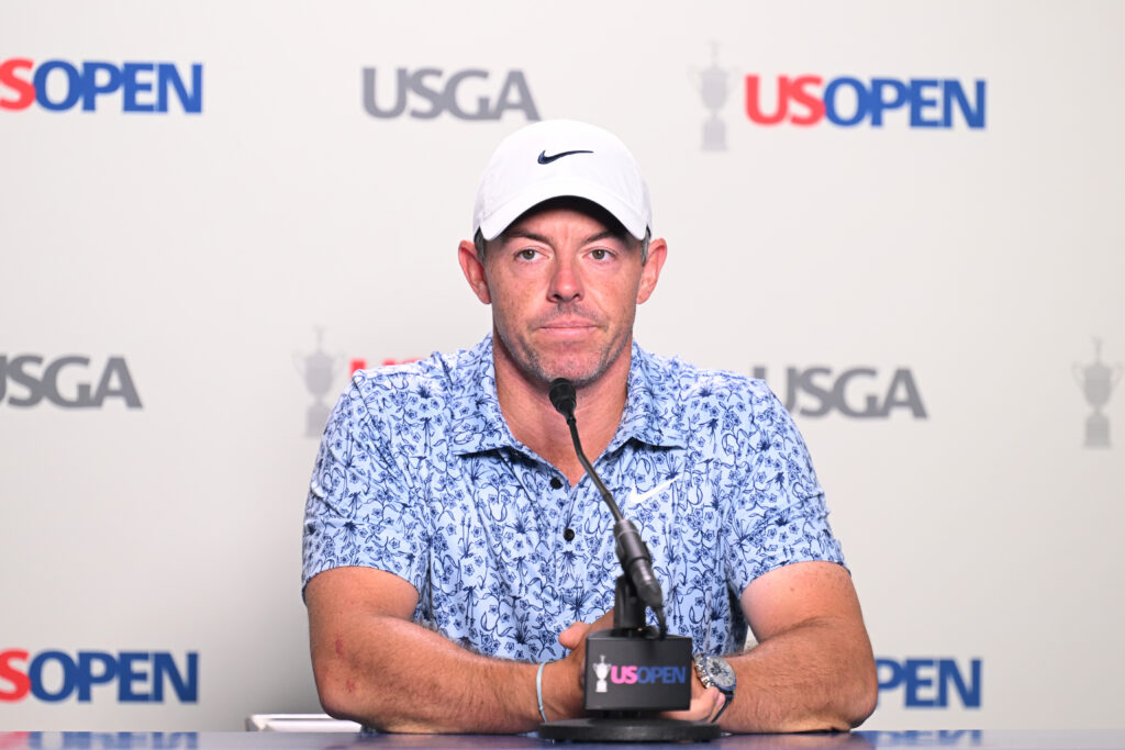 Rory McIlroy speaks to the press ahead of the 2025 US Open at Oakmont