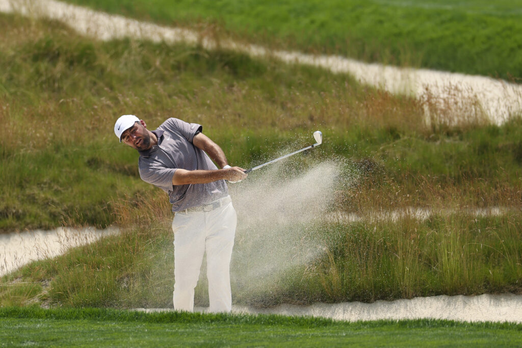 Scottie Scheffler hits bunker shot at 2025 US Open