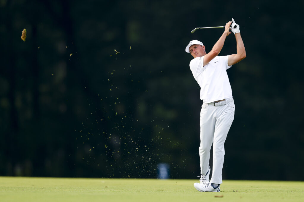 Jordan Spieth hits an approach shot during the first round of the US Open