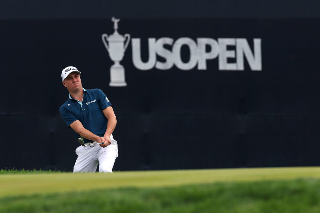 Justin Thomas plays a shot from the bunker in the 2025 US Open