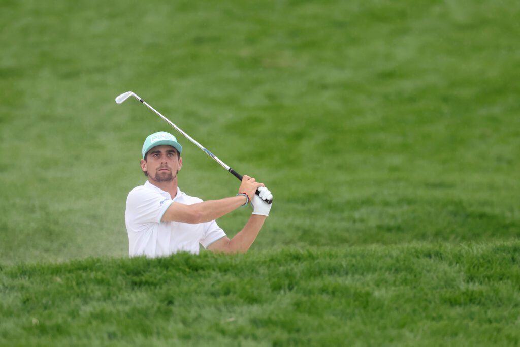 Joaquin Niemann hits out of a bunker during the second round of the US Open
