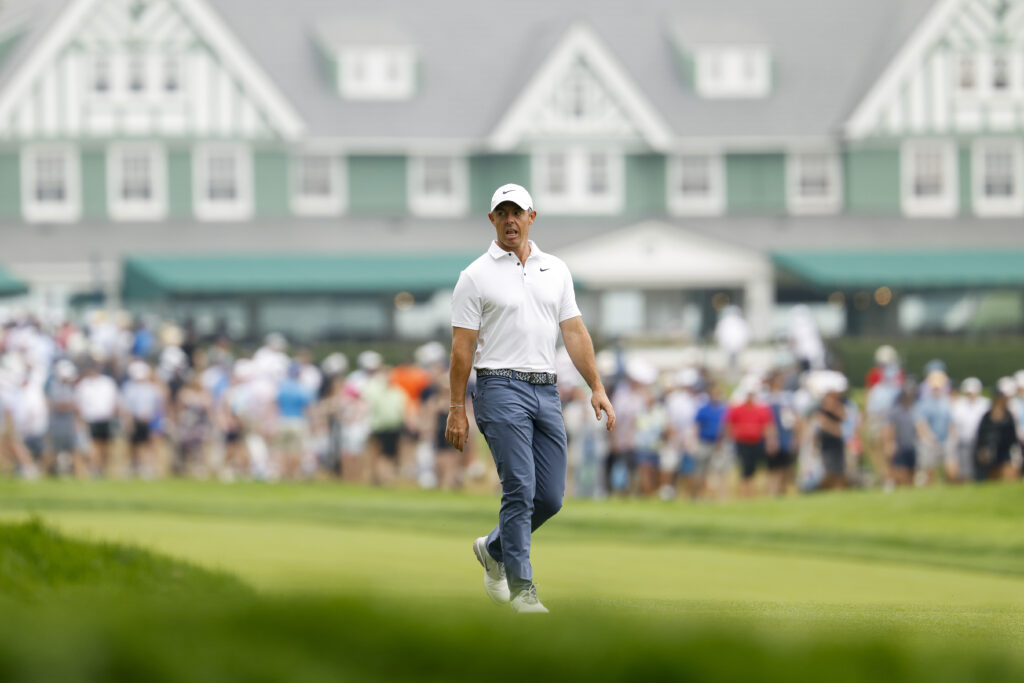 Rory McIlroy prepares to play a second shot on the first hole during US Open final round