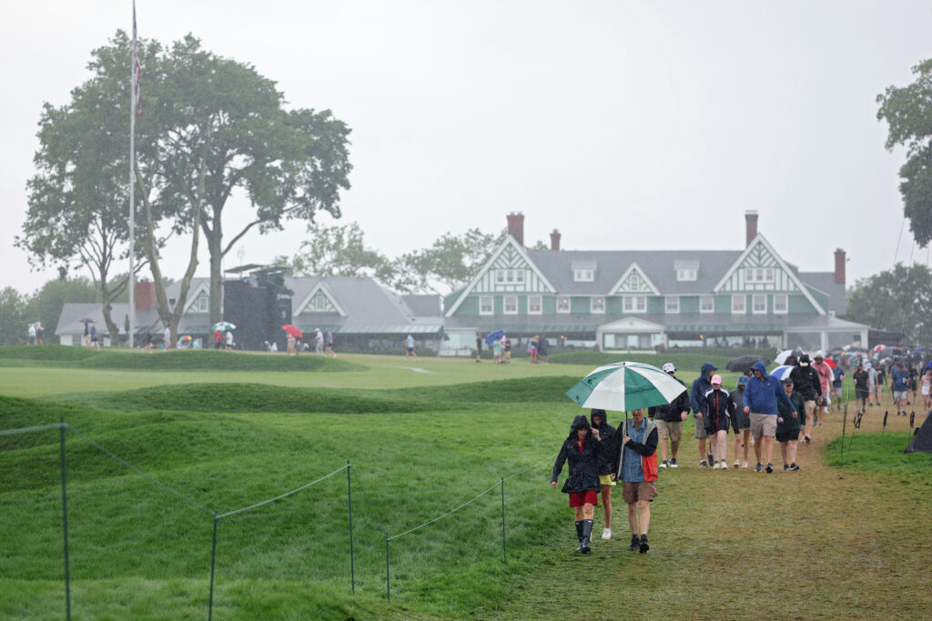 General view of Oakmont in the rain during the final round of the US Open