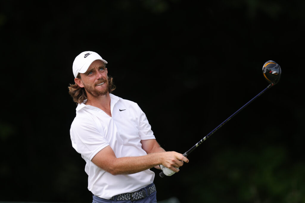 Tommy Fleetwood hits a tee shot during the final round of the Travelers Championship
