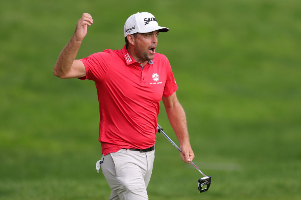 Keegan Bradley celebrates his winning putt on 18 at The Travelers