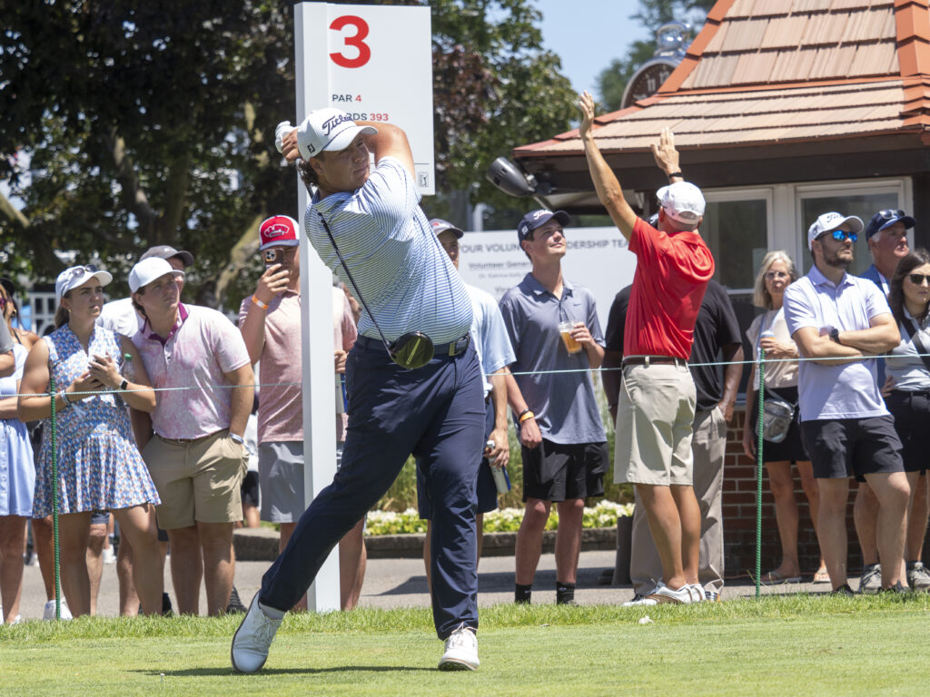 Aldrich Potgieter crushes his driver on the third tee during the third round of the Rocket Classic