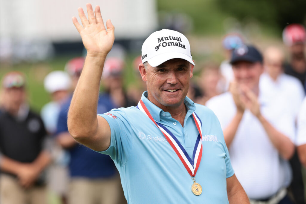 Padraig Harrington celebrates after winning the US Senior Open