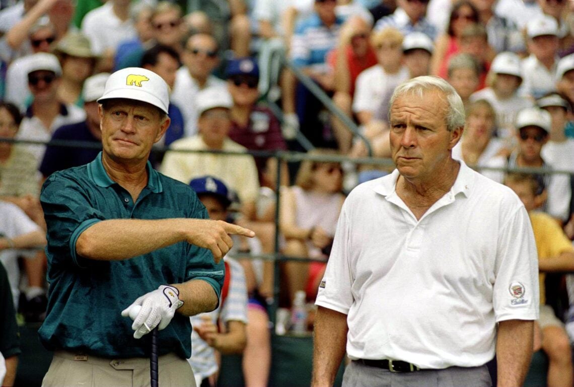 14 JUN 1994: JACK NICKLAUS AND ARNOLD PALMER WAIT ON THE FIRST TEE PRIOR TO THEIR PRACTICE ROUND FOR THE U.S. OPEN AT OAKMONT COUNTRY CLUB IN OAKM...