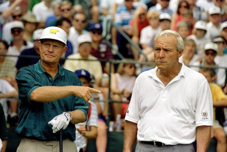 14 JUN 1994:  JACK NICKLAUS AND ARNOLD PALMER WAIT ON THE FIRST TEE PRIOR TO THEIR PRACTICE ROUND FOR THE U.S. OPEN AT OAKMONT COUNTRY CLUB IN OAKM...