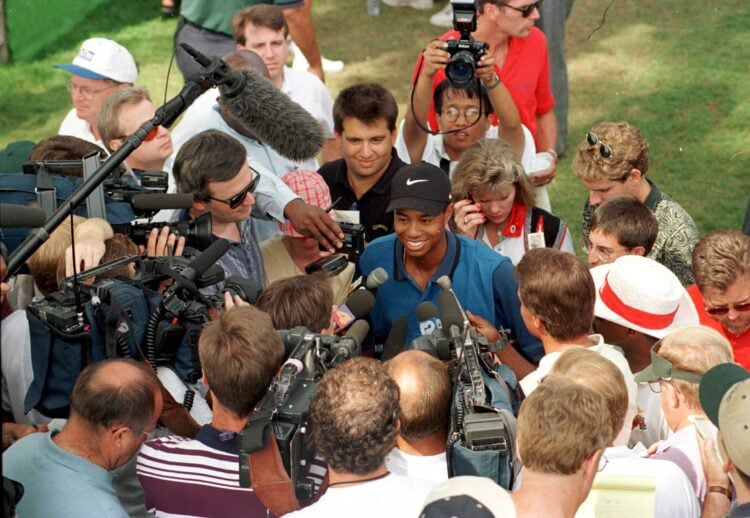 31 Aug 1996:  Tiger Woods of Cypress, California answers questions from the media after his  third round of the Greater Milwaukee Open at Brown Dee...