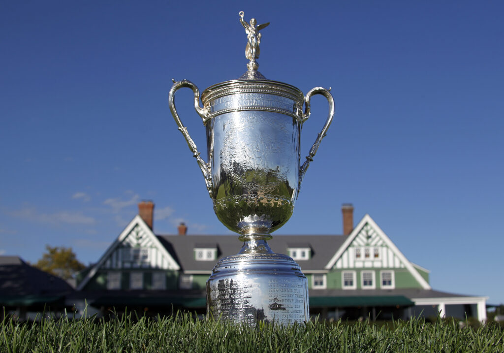 The US Open trophy pictured outside the clubhouse at Oakmont