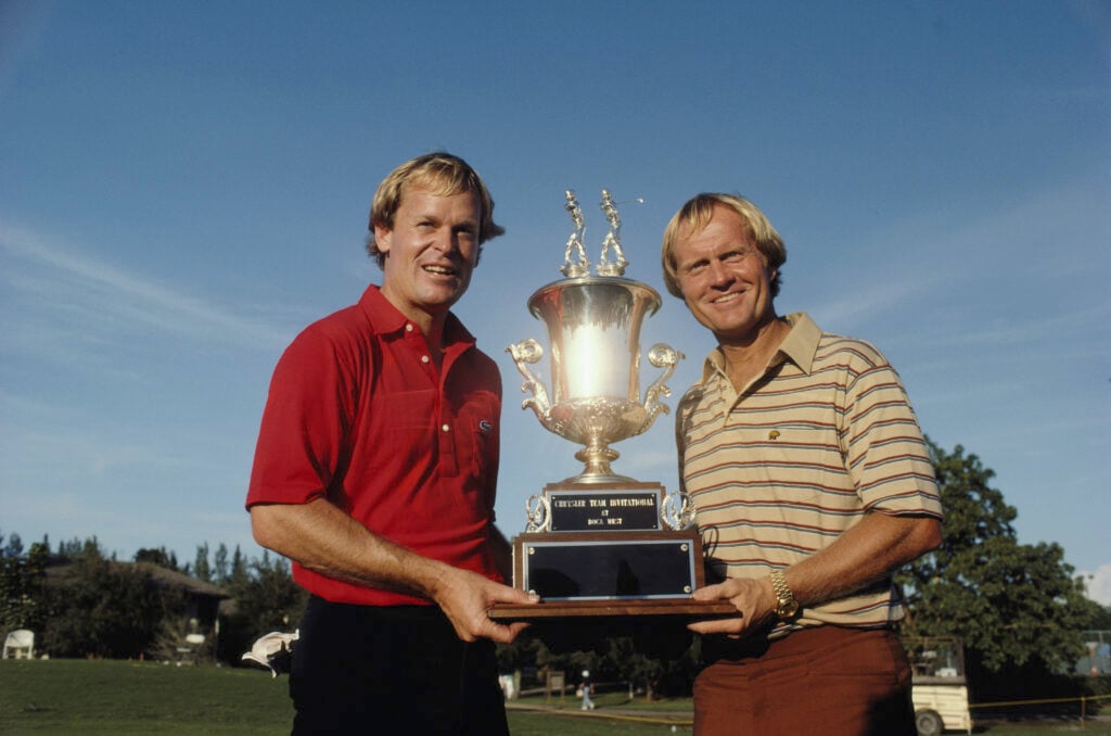 Johnny Miller and Jack Nicklaus with the Chrysler Trophy